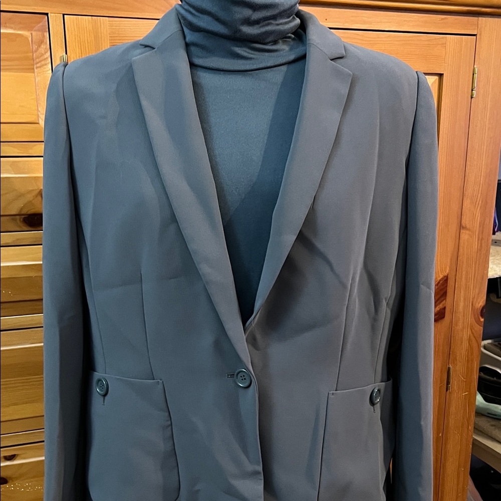 Madeline Dark Gray Women's Tailored Blazer, branded turtleneck, and pants